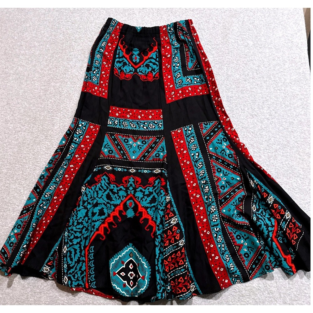 Carole Little Saint-Tropez West Vtg Red Teal Southwestern Rayon Maxi Skirt Sz 6